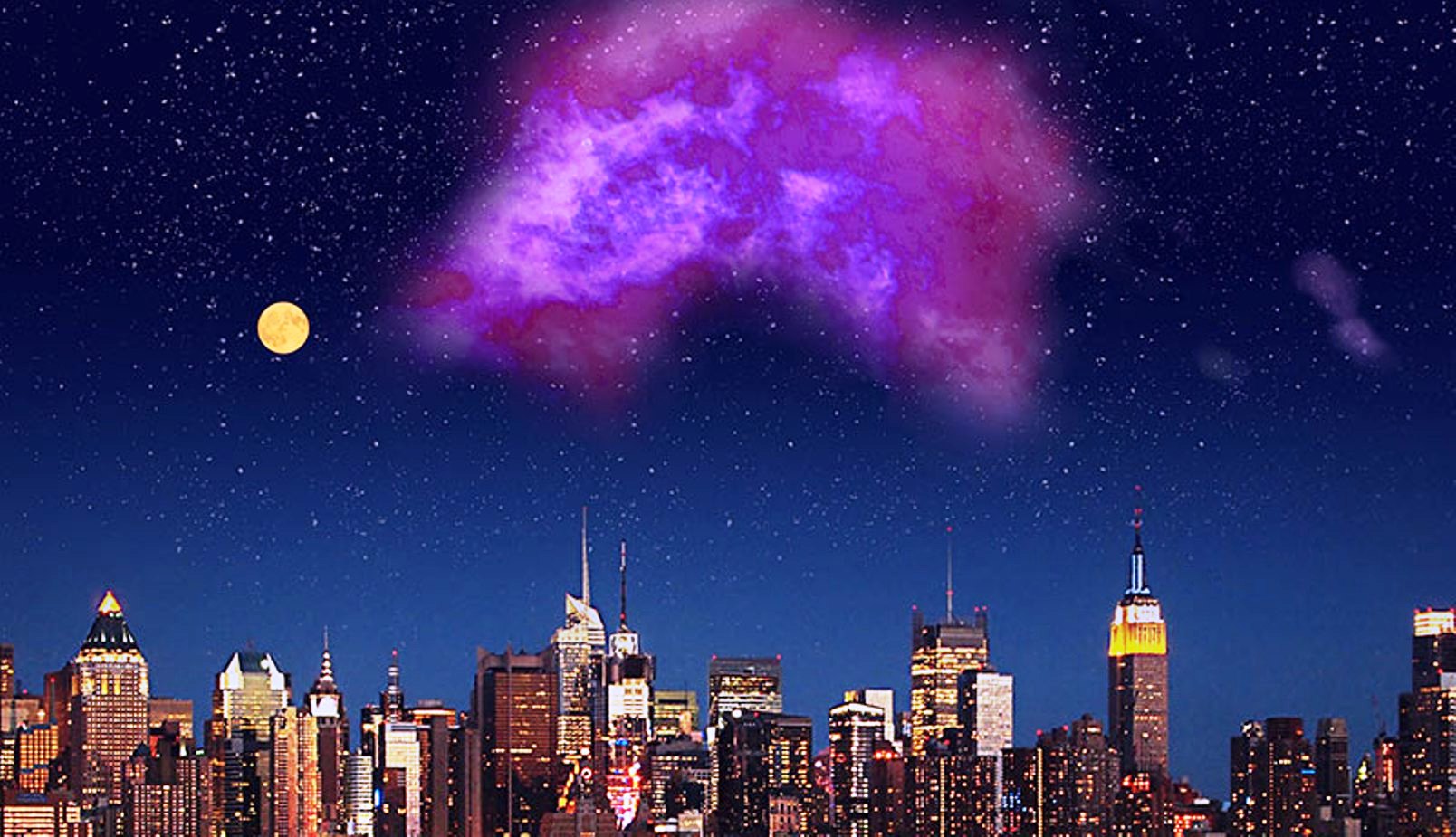 Vue d'artiste de ce à quoi ressemblerait le nuage moléculaire d'Eos dans le ciel s'il était visible à l'œil nu. Image composite. © NatureLifePhoto, Flickr (New York City Skyline), Burkhart et al., 2025